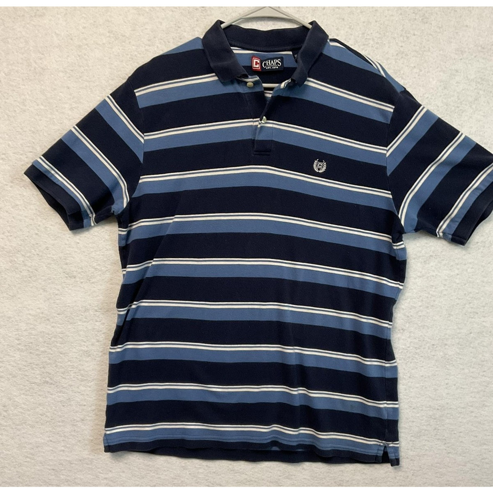 Chaps Polo Shirt Mens Large Navy Blue‎ Striped Cotton Embroidered Crest Logo